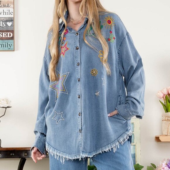 Groovy 70's Vibe Embroidered Button Down Tencel Shirt by BlueVelvet - Picture 3 of 7